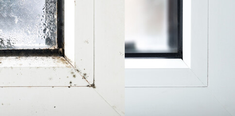 Comparative Before and after clean window  condensation with black mold dirty window frame in winter from inside the house. 