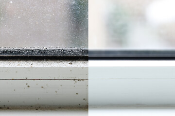 Comparative Before and after clean window  condensation with black mold dirty window frame in winter from inside the house.  - obrazy, fototapety, plakaty