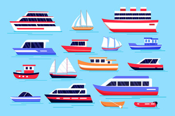 Speed yacht. Marine transport. Cruiser speedboat. Sea boats set. Nautical ship. Sailboat in ocean waves. Motorboat and steamboat. Travel by cruise liner. Vector recent illustration