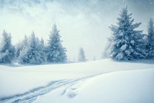 Snowy winter landscape with trees. Generative AI.
