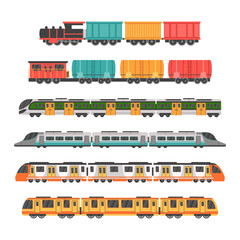 Subway trains. Speed cargo transport. Rail locomotives and wagons in railroad. Europe commuter vans. Railroad or metro transportation. Railway vehicles set. Vector garish illustration