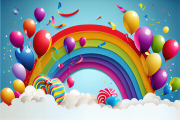 Joyful birthday or anniversary celebration image with colorful balloons soaring by a vibrant rainbow, confetti, and clouds, perfect for festive occasions. Generative  Ai    