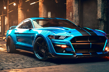 blue ford mustang with racing stickers in a empty street, sports car, generative ai