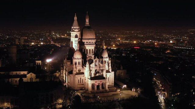 Basilica of Montmartre Paris aerial night view France