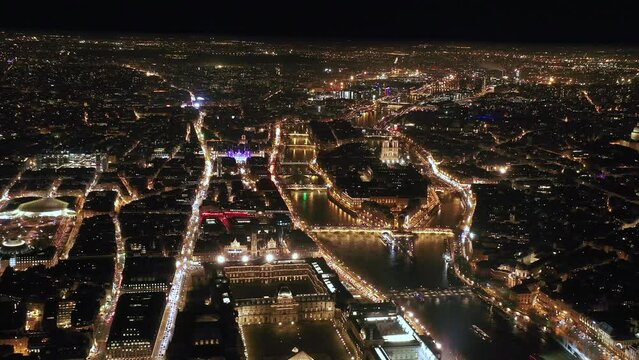 Paris aerial night view City Island and river la seine 