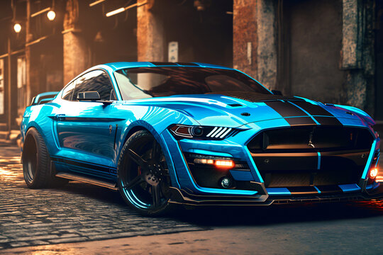 blue ford mustang with racing stickers in a empty street, sports car, fictional car made with generative ai © overrust