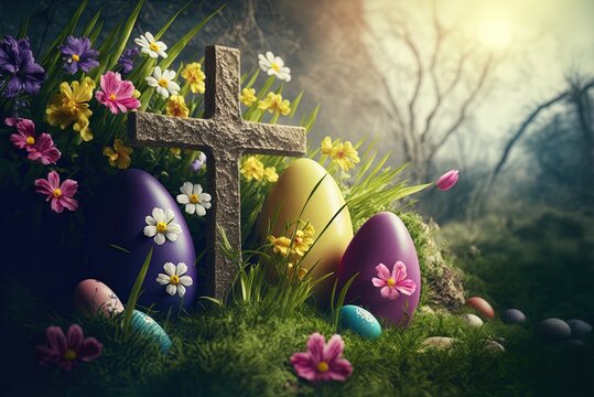 Easter backdrop with a crucifix and spring flowers among colorfully painted eggs lying in the grass. Photographic copy space depicting a religious Easter ressurection scene. Generative AI