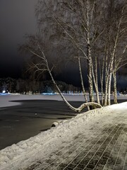 winter view of frozen lake in the small european town