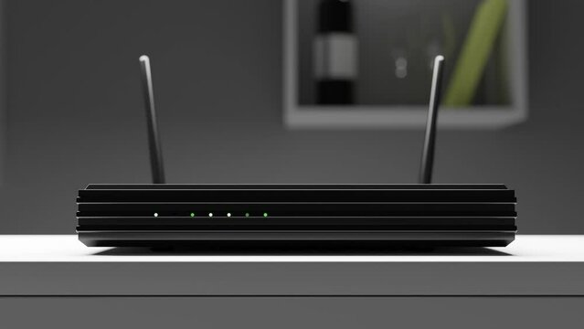 Black Wifi network router in interior. Camera moves. High quality 3d rendered 4k footage