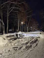 snow evening in the park of small european town in winter