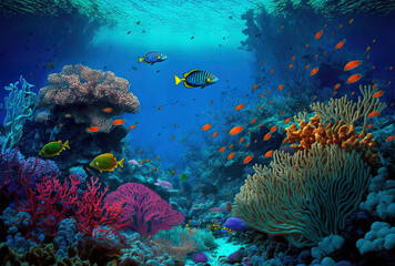 Fototapeta na wymiar Beautiful coral reefs and fish underneath, as well as fish on the seafloor. Generative AI