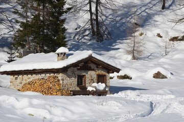 Snow covered cottage in the Alps