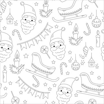 Winter black and white doodle seamless pattern with traditional symbols - Santa, Sleigh, Lollipops, Candles. Christmas concept