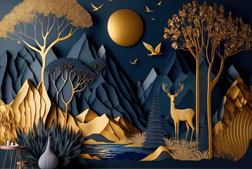 Tuinposter Dark blue mural wallpaper from the contemporary era Christmas tree, mountain, deer, birds, and waves of gold on a dark blue backdrop depicting a jungle or forest. Generative AI © LukaszDesign