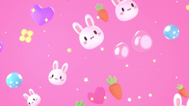 Looped kawaii bunnies, hearts, flowers, bubbles, and carrots flying up in the pink sky animation.