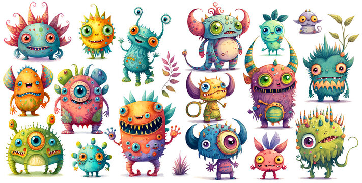 Set of cute cartoon happy monsters, colorful watercolor isolated on white