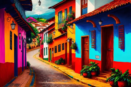 Guatape, sometimes called the Town of Zocalos, is home to some stunningly vibrant streets. Colombia Generative AI