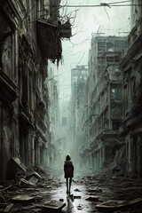 A stranded person walking around in a abounded destroyed city, digital painting
