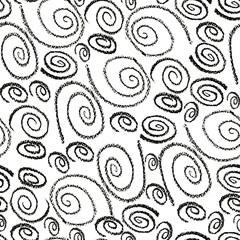 Seamless black and white pattern. Curls of various shapes on a light background.