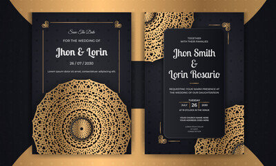 Black royal wedding invitation card with golden mandala and decorative pattern	
