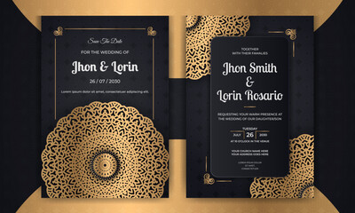 Luxury black wedding invitation card with golden mandala and abstract pattern	