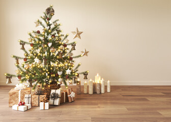 Light living room Christmas interior in Scandinavian style. Beautiful Christmas tree with gift boxes and lighting. Beige empty wall mockup. 3d rendering high quality illustration.