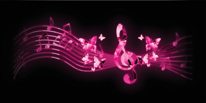 Luminous musical background with neon glow musical notes, G-clef and butterflies. Fluorescent and mystical music festival poster. Live concert events invitation. Party flyer with musical notes symbols