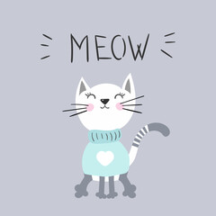 Meow cat cute kids print with hearts, kitten T-shirt design for kids clothes