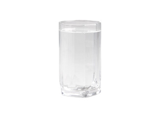 Water in an empty transparent glass on a white background