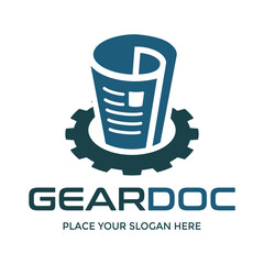 Gear document vector logo template with sheet or page symbol.