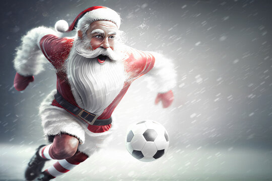 Santa Claus is a football player playing football running across a football field in the snow and playing with a soccer ball ai generated, 