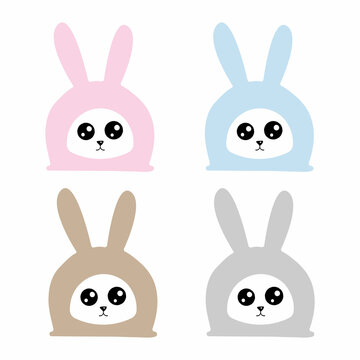 Set of Cute cartoon kawaii bunny, funny pink, blue, grey rabbit vector illustration