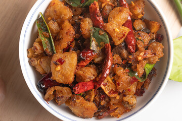 Spicy fried pork crackling chili paste. Thai food.