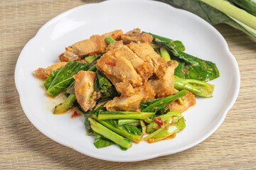 Stir Fried Crispy Pork Belly with Kale and Chili Paste
