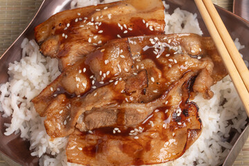 Pork Sliced Rice tonkatsu or deep fried pork, a traditional Japanese dish.