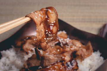 Chopsticks, sliced pork, Japanese sauce