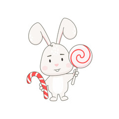 Cute rabbit character with lollipop and candy cane isolated on white.