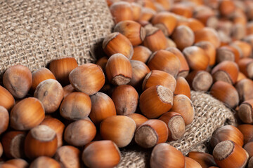 close up of hazelnuts on wooden table, top view