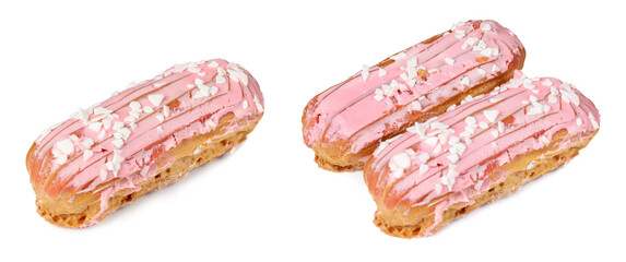 Traditional french eclairs with pink chocolate on white