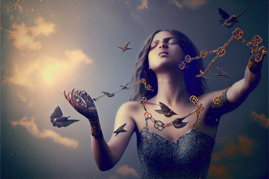 woman who broke the chains and set the birds free enjoys nature. concept of freedom  generative ai