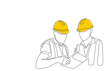 Single continuous line drawing of young construction manager giving instruction to builder coordinator at site meeting. Building architecture business concept. One line draw design vector