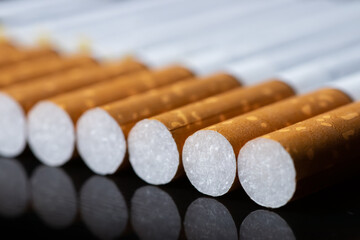 Stacked Filter Cigarettes, Macro Closeup Pattern, Smoking Addiction Concept,