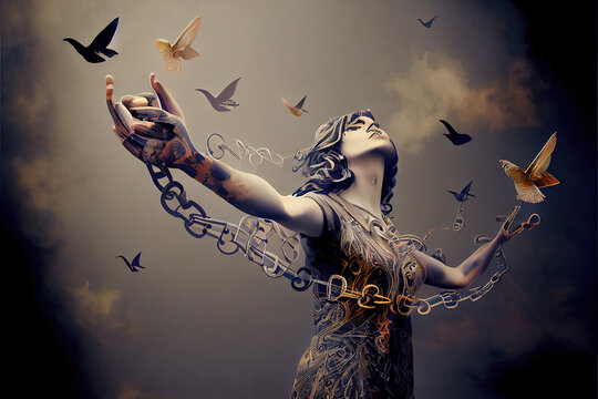  woman who broke the chains and set the birds free enjoys nature at sunrise. concept of freedom  generative ai 