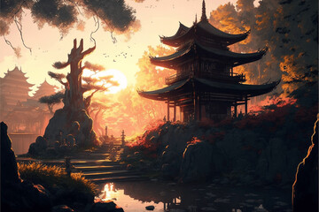 Relaxing japanse park ilustration - Generated by Generative AI