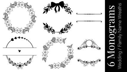 abstract floral ornament set of 6 , Family Name Wedding Monogram Designs