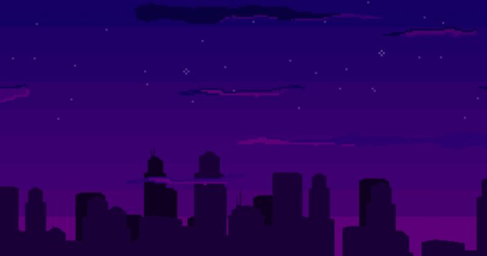 Pixel art animation. Pixel city with stars. Seamless looping animation video pixel game 8 bit