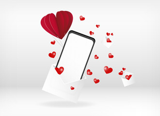 Realistic Vector illustration smartphone on air balloon comming out postal envelope with flying hearts. Empty white screen. Social network, mobile device concept. Graphic for websites web banner