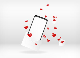 Realistic Vector illustration smartphone in postal envelope with flying romantic hearts. Empty white screen. Social network, love, Valentine's Day concept. Graphic for websites web banner