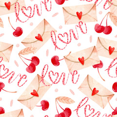 Love letter, cherry and hand drawn lettering watercolor seamless pattern 