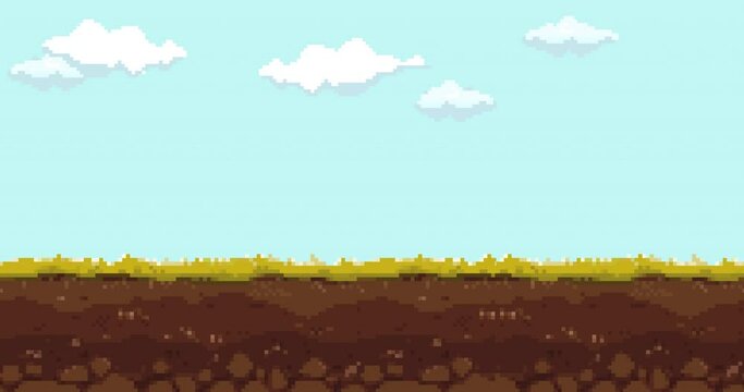 Animation of old style pixel game. Pixel art game background. Ground, grass, sky, tree and clouds. Pixel art Game Design 8 bit video vector 